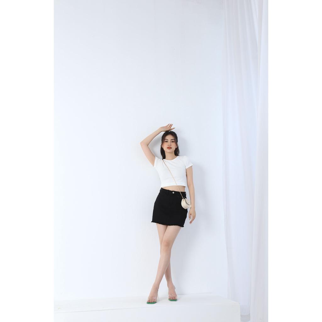 Chân Váy Jean chữ A Đen Trắng Trơn co dãn Gấu Tua Rua CT JEANS