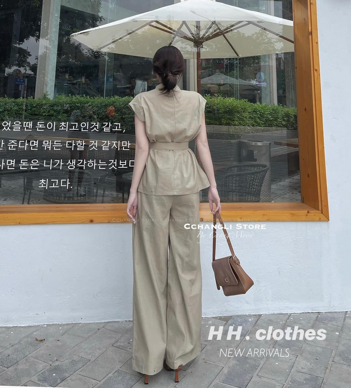 SET ĐI CHƠI, SET 2 MÓN ÁO SƠ MI NUDE PHỐI QUẦN DÀI ỐNG RỘNG KÈM ĐAI CỰC SANG CHẢNH