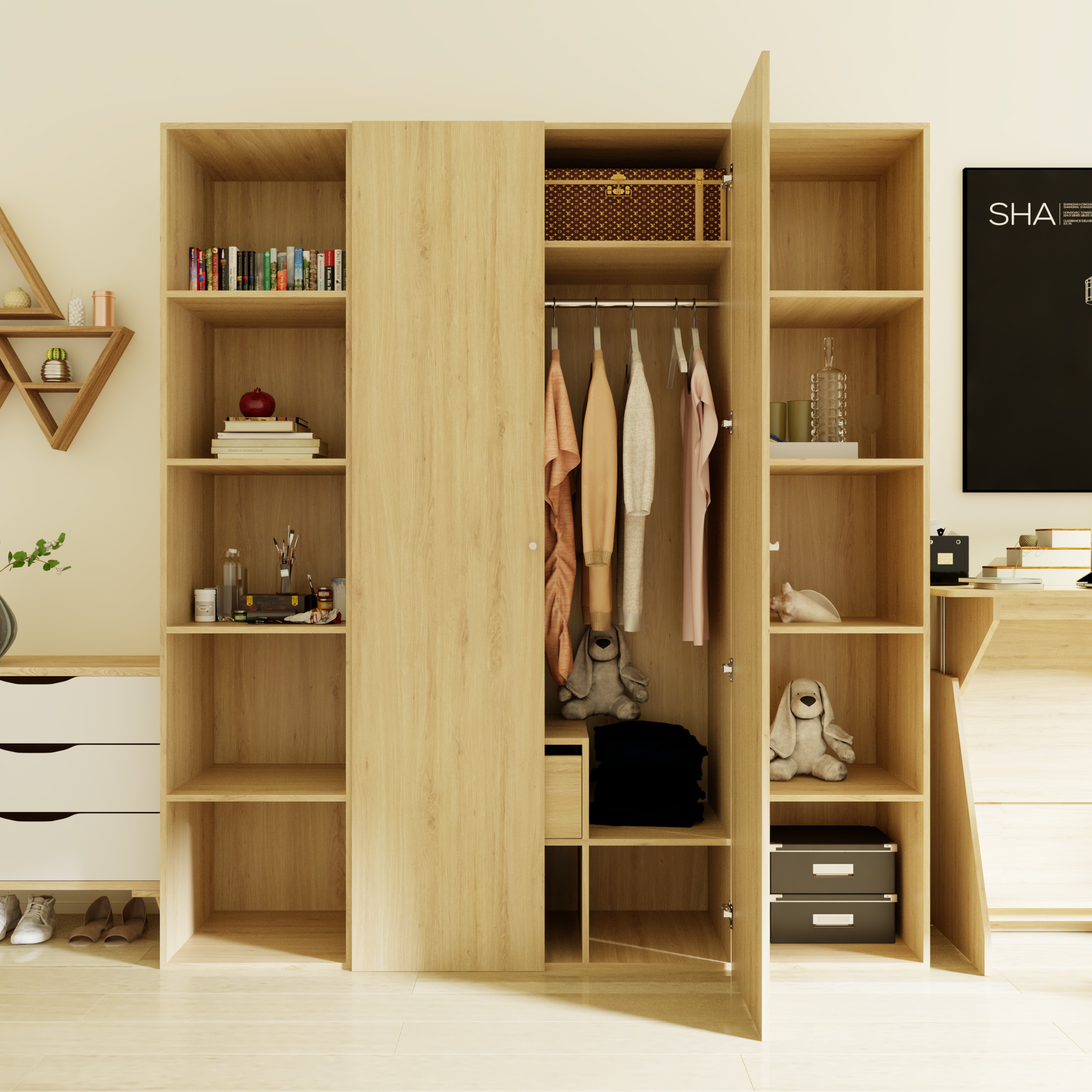 [Happy Home Furniture] SCANDINA, Tủ quần áo 2 cửa mở kết hợp 2 kệ bên ,200cm x 55cm x 220cm ( DxRxC), TCM_100