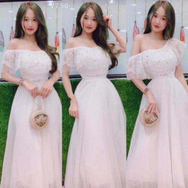 Đầm Maxi xoè lưới bẹt vai kết cườm treo -MS33Y- Size M L đến 58kg MMR