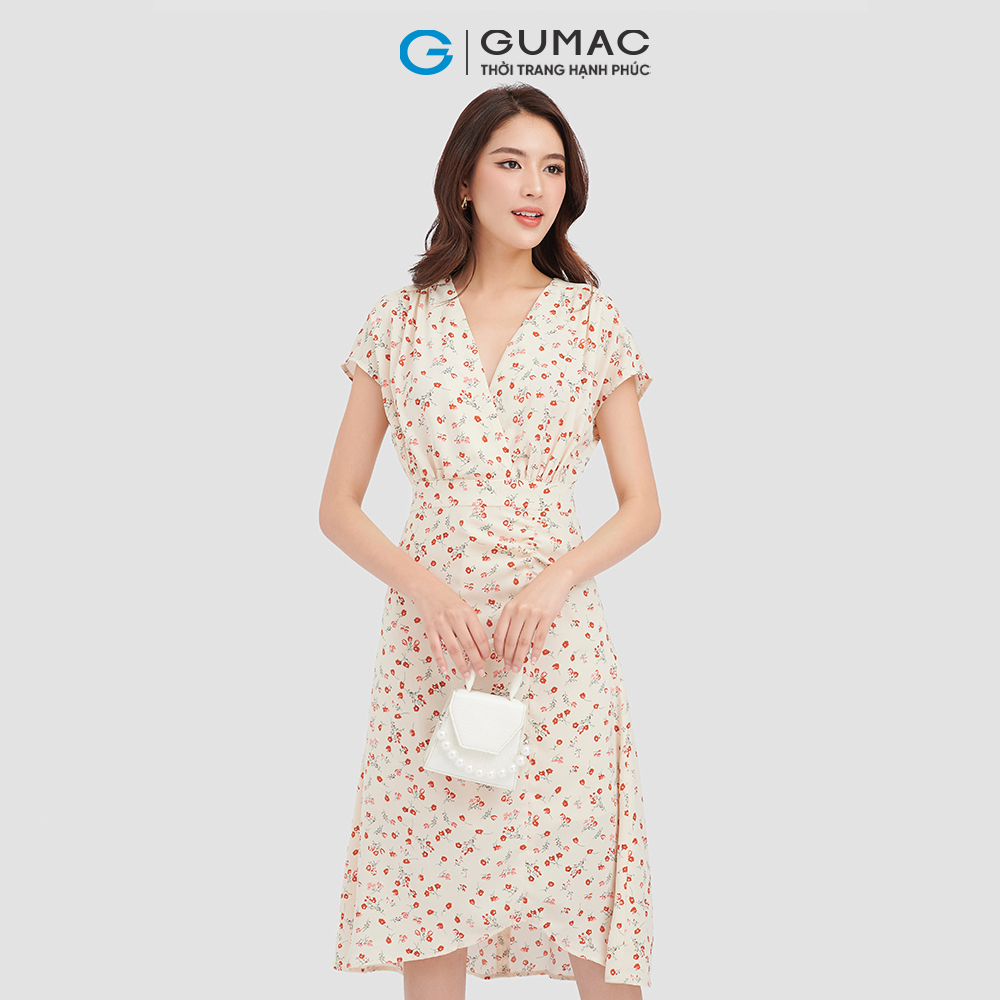 Đầm kiểu đắp chéo GUMAC DC09091 vải lụa họa tiết hoa nữ tính