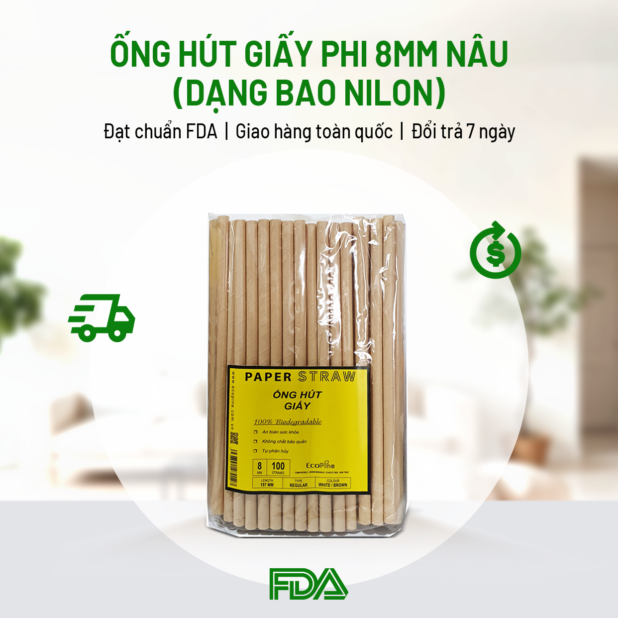 Bịch 100 ống hút giấy phi 8mm nâu kraft ECOPINE