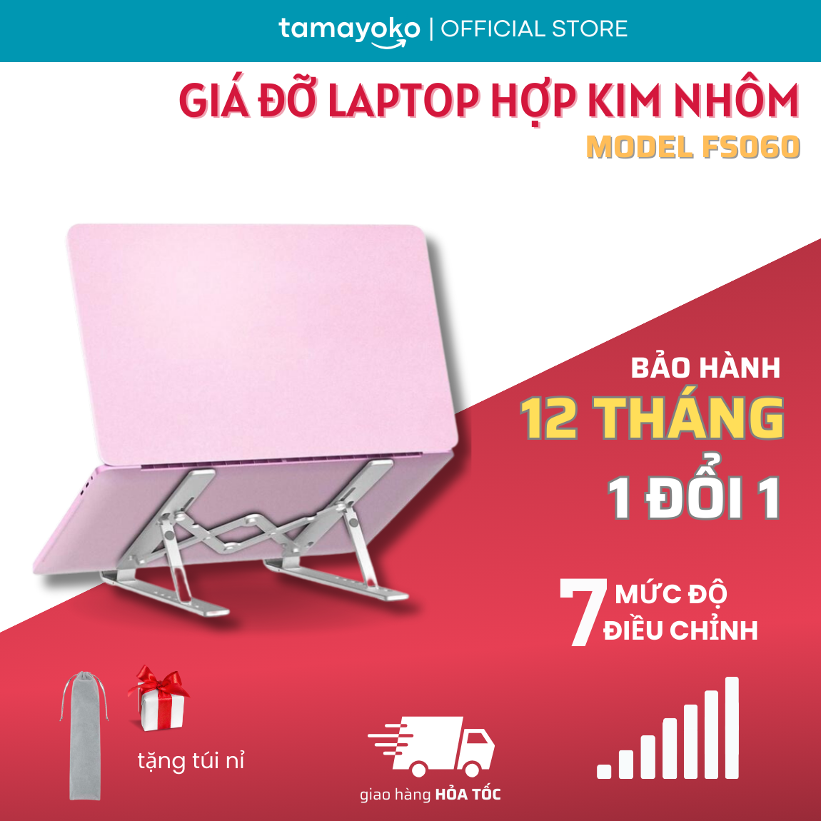 Giá Đỡ Laptop Hợp Kim Nhôm Cao Cấp Dễ Dàng Gấp Gọn, Giúp Tản Nhiệt Laptop, Máy Tính Xách Tay - 07 Nấc Điều Chỉnh Góc Độ. Hàng Chính Hãng Tamayoko