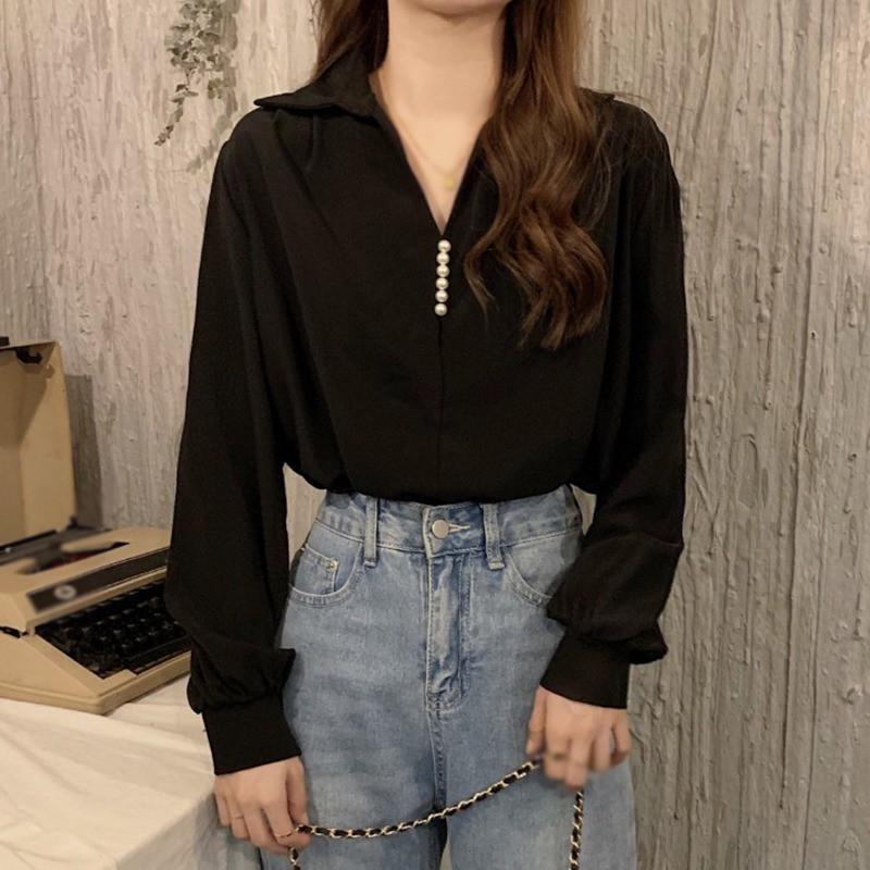 Áo Kiểu Tay Dài Cổ Chữ V Thiết Kế Màu Trơn Thanh Lịch Dành Cho Nữ