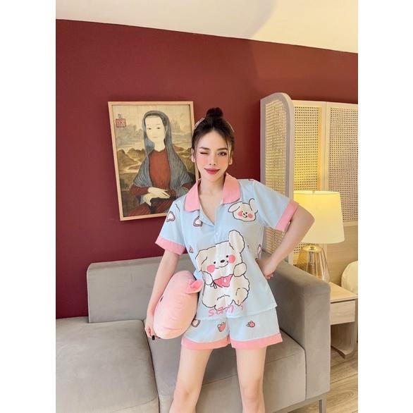 Bộ đồ ngủ Pijama đồ bộ lụa quần đùi cộc tay hoạ tiết thỏ sen kute siêu hot