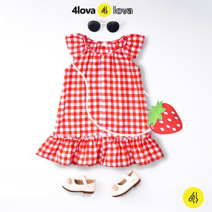 Váy bé gái 4LOVA đũi cotton cánh tiên họa tiết caro cài cúc 8-30 kg