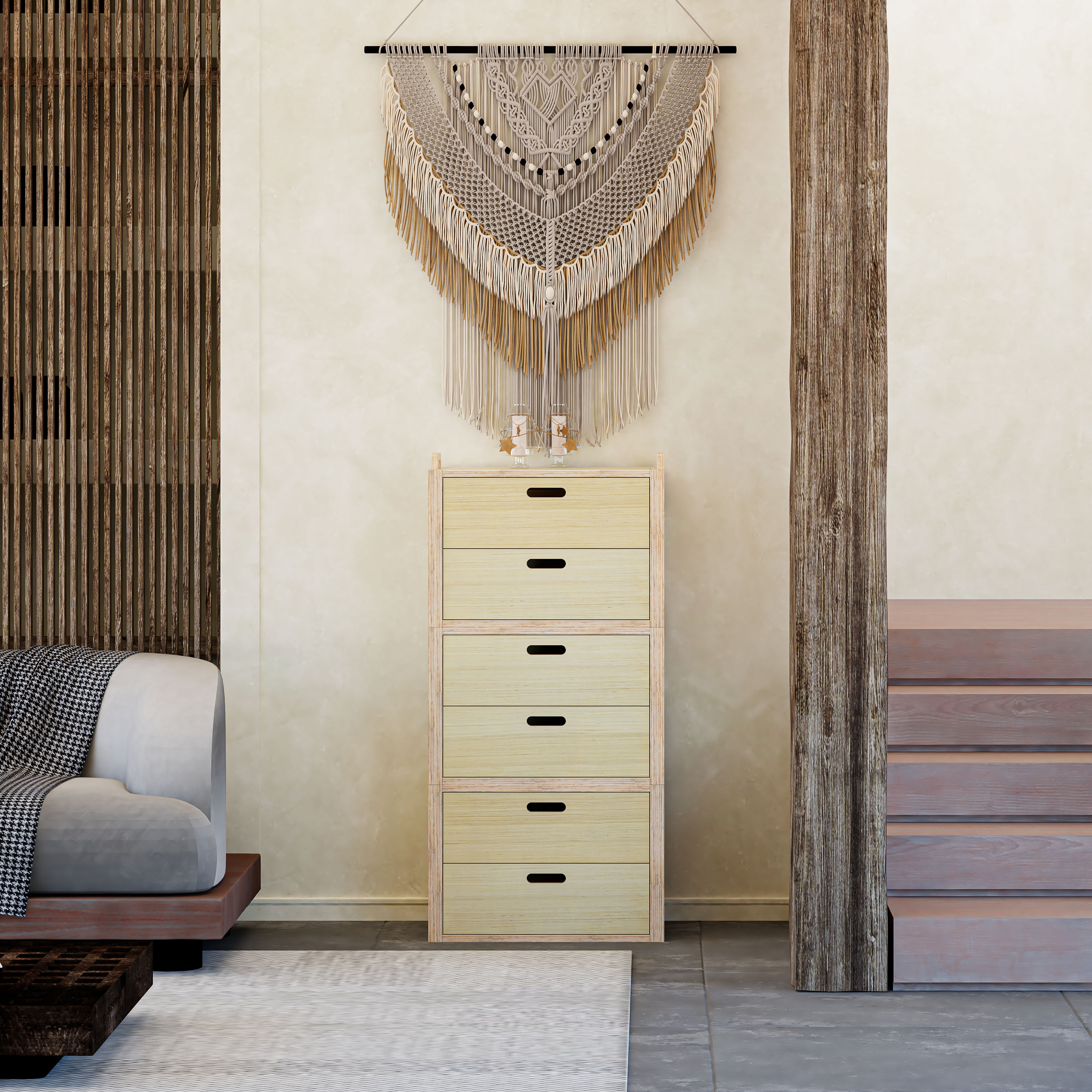 HAPPY FURNITURE , Gỗ tự nhiên , Tủ lưu trữ 6 ngăn kéo gỗ Plywood - GAMOR , THK_207 , 60cm x 40cm x 124cm DxRxC