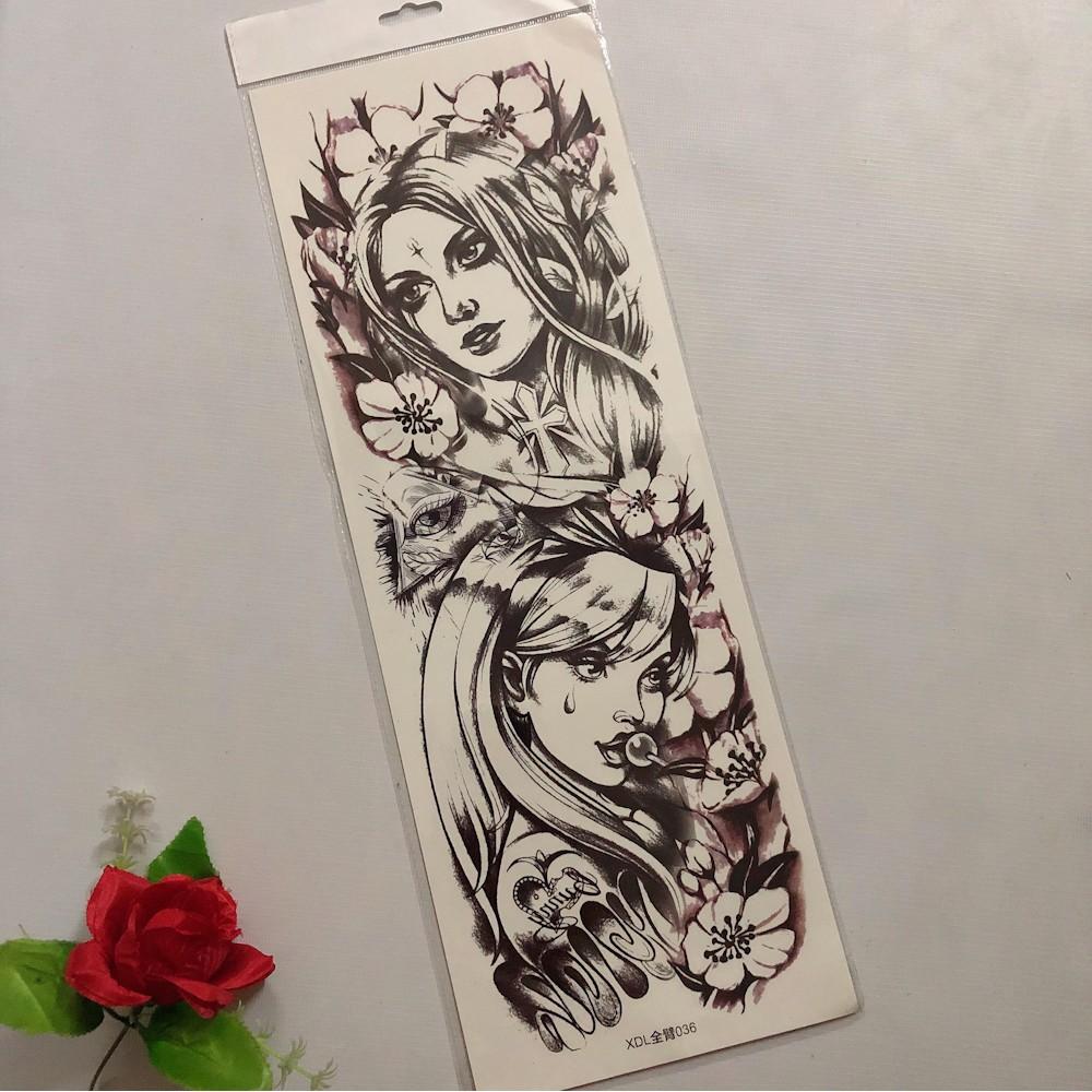 Hình xăm dán kín tay cô gái trắng đen 17x48cm