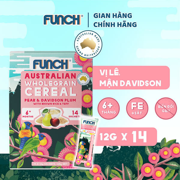 Bột ngũ cốc ăn dặm nguyên chất Funch Úc cho bé từ 6m - Hộp 168g đủ vị