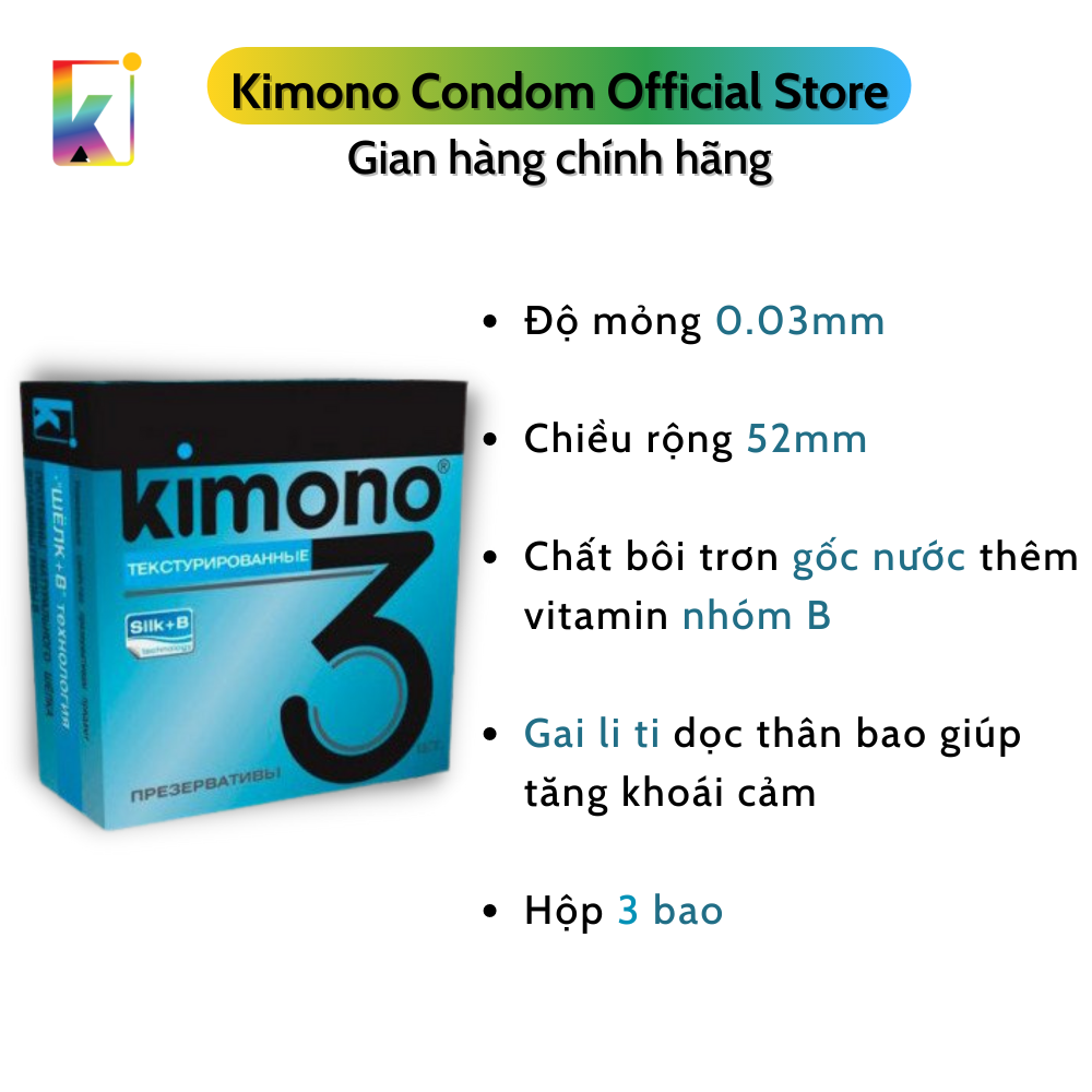 Bao cao su Kimono Blue Siêu mỏng 0.03mm - Gai nổi - Hộp 3 bao