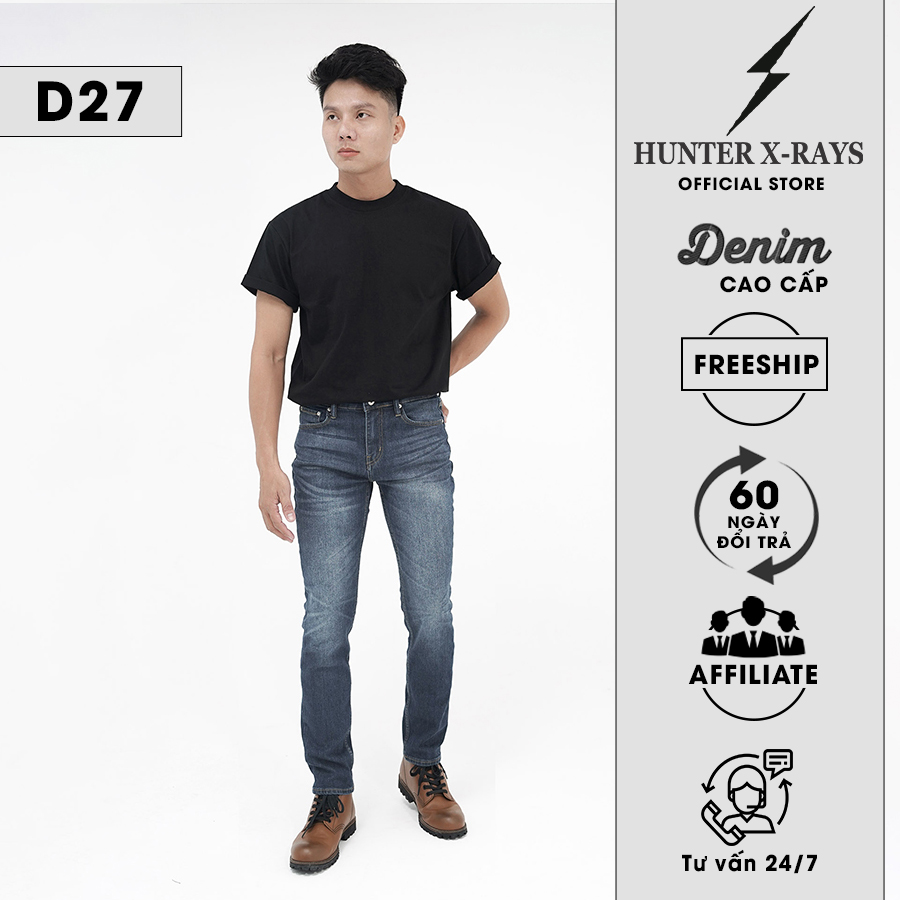 Quần Jeans Nam Cao Cấp HUNTER X-RAYS Form Slimfit Thun Màu Xanh Đậm Phủ Dơ Bụi D27