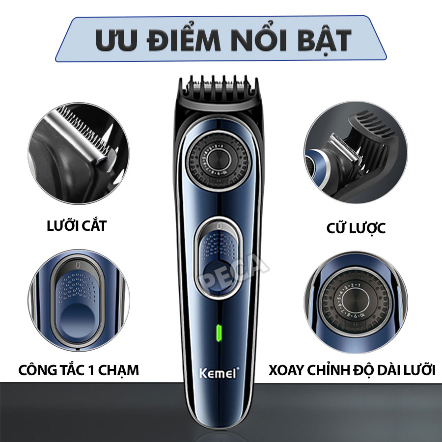 Tông đơ cắt tóc gia đình Kemei KM-1256 cữ lược kèm điều chỉnh 10 mức độ dài sạc USB dùng cắt tóc được cho trẻ em và người lớn