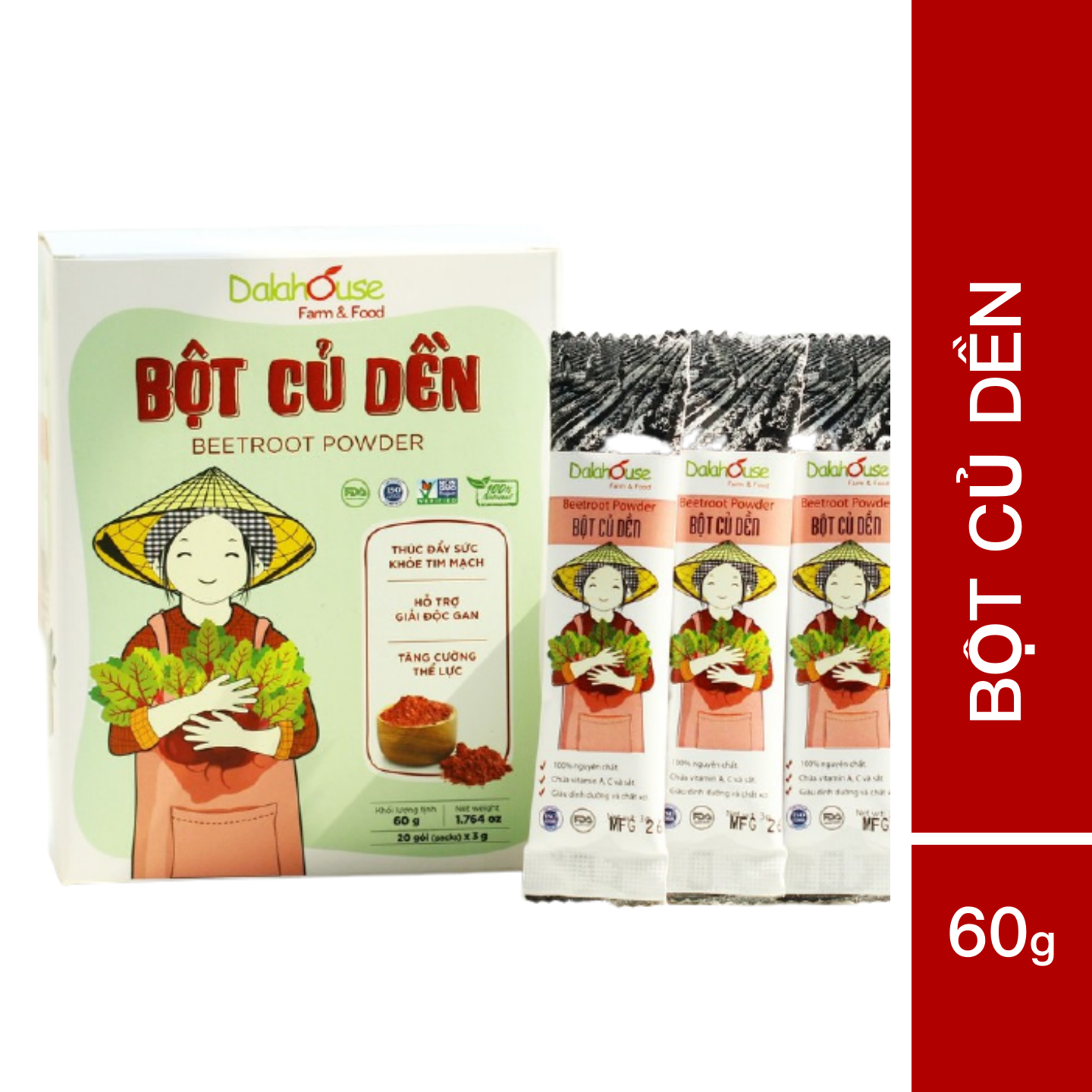 Bột củ dền Dalahouse Hộp 60gr - Nguyên chất sấy lạnh - Organic giúp bổ máu - Đạt tiêu chuẩn Châu Âu