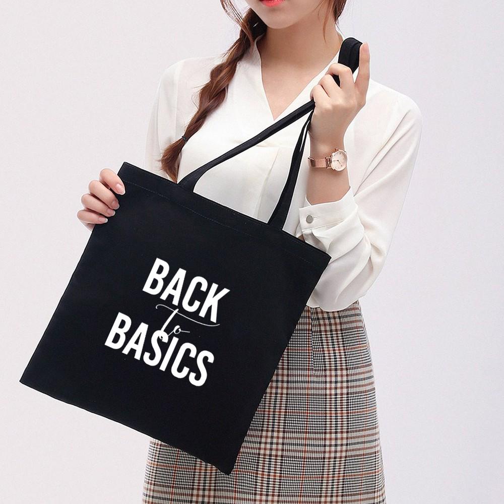 Túi Tote Vải Canvas Ginko kiểu basic có dây kéo khóa miệng túi đựng vừa laptop 14 inch và nhiều đồ dùng khác Phong Cách ulzzang Hàn Quốc In Hình Back To Basics B08