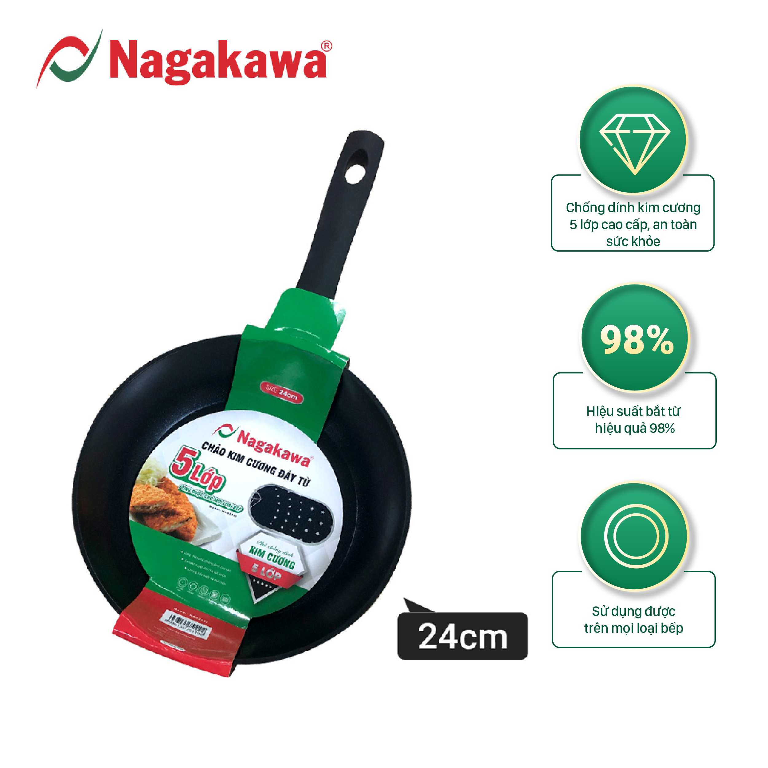 Chảo Sâu Lòng Nag2451 Đáy Từ 5 Lớp Chống Dính Cao Cấp Nagakawa 24Cm - Dùng Trên Mọi Loại Bếp - Hàng Chính Hãng