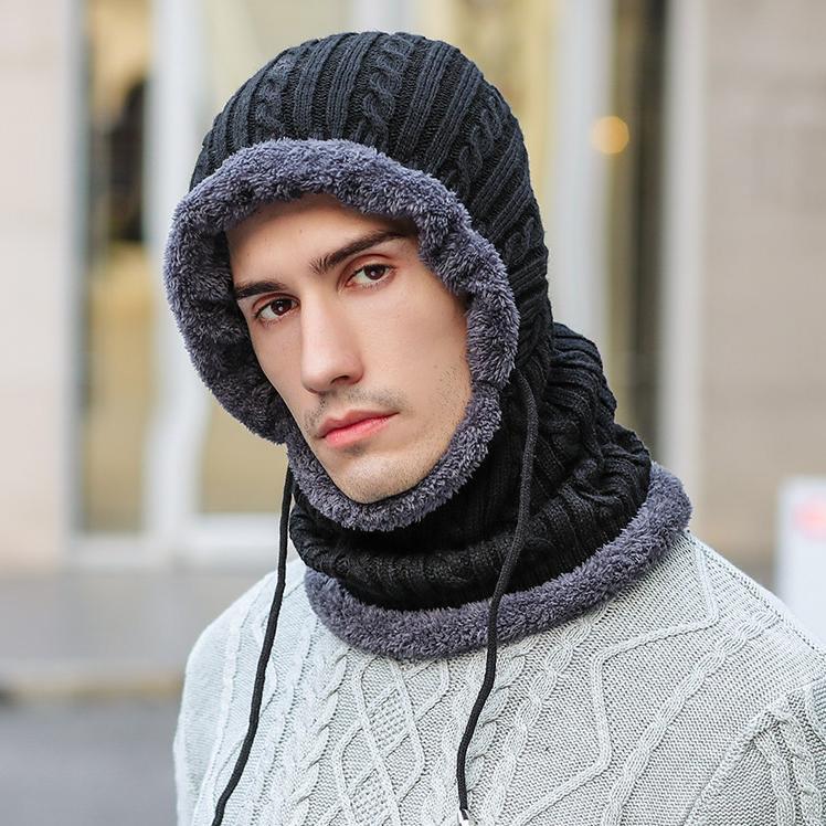 Mũ len nam nữ trùm đầu liền khăn cổ lót nỉ ấm áp mùa đông chống gió lạnh - mu len nam nu lot ni trum co