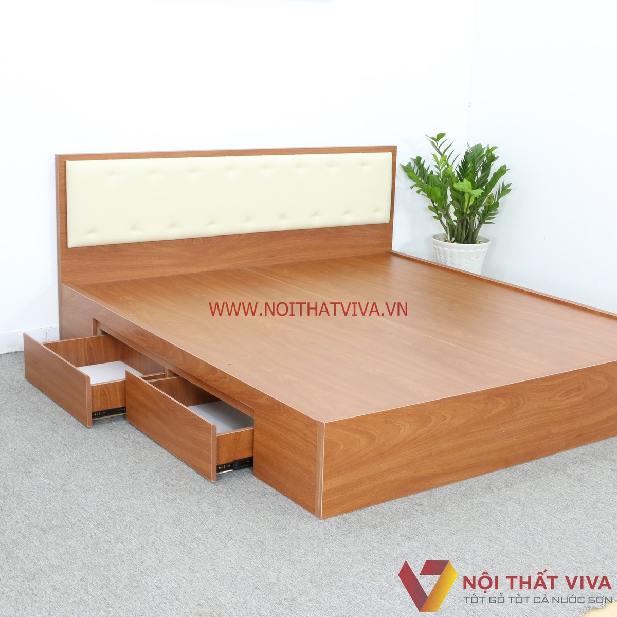Giường Ngủ Gỗ MDF Melamine Màu Xoan Đào Có Hộc Kéo + Đầu Nệm Kem Đẹp