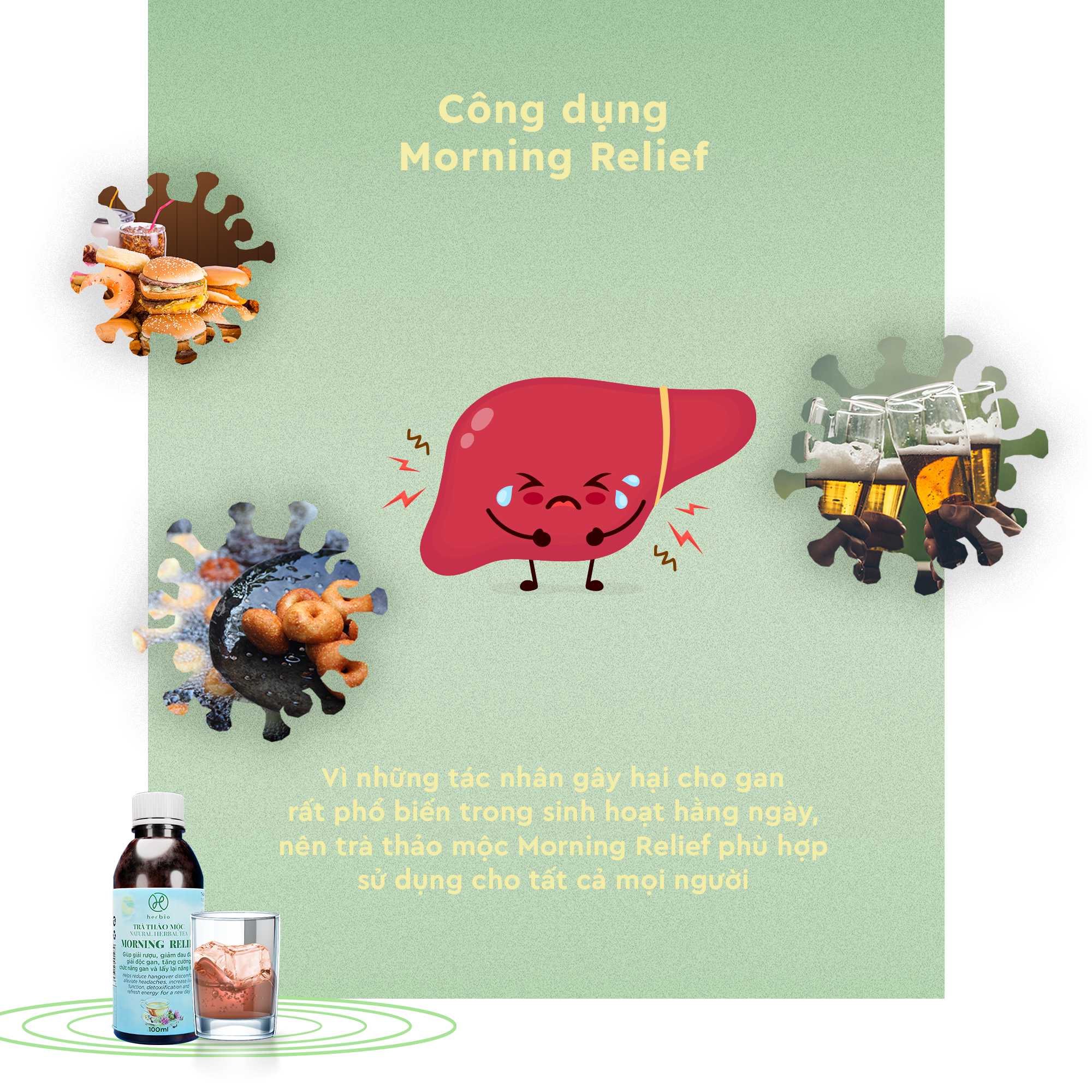 TRÀ THẢO MỘC GIẢI RƯỢU BỔ GAN HERBIO MORNING RELIEF - xóa tan cảm giác mệt mỏi, đau đầu sau khi dùng rượu bia, giảm tác hại của rượu bia lên gan, lấy lại năng lượng cho cơ thể - CHAI 100ML