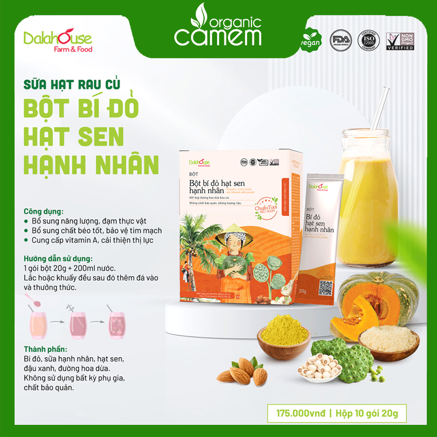 Sữa Hạt Rau Củ_Bột Bí Đỏ Hạt Sen Hạnh Nhân Dalahouse - Hộp 10 gói x 20 gram