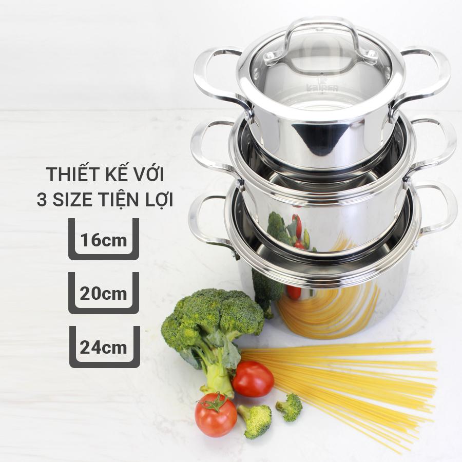 Bộ Nồi INOX 304 Cao Cấp 3 Lớp Liền Khối Kazler KZ1 Size 16-20-24cm Hàng Chính Hãng KALPEN-GIA DỤNG ĐỨC