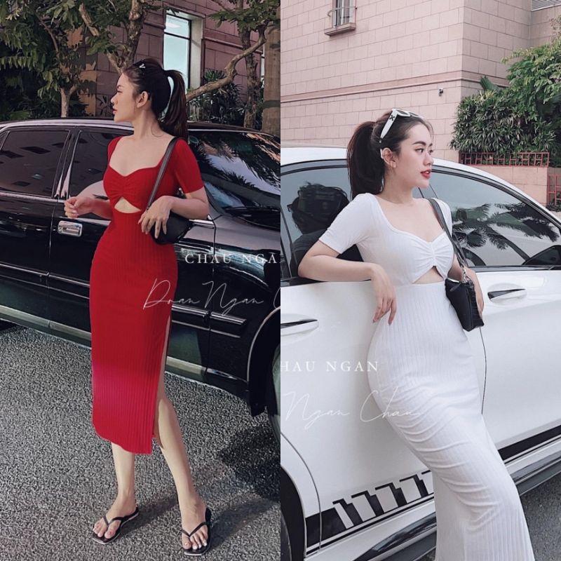 ĐẦM MIDI KHOÉT BỤNG XẺ ĐÙI
