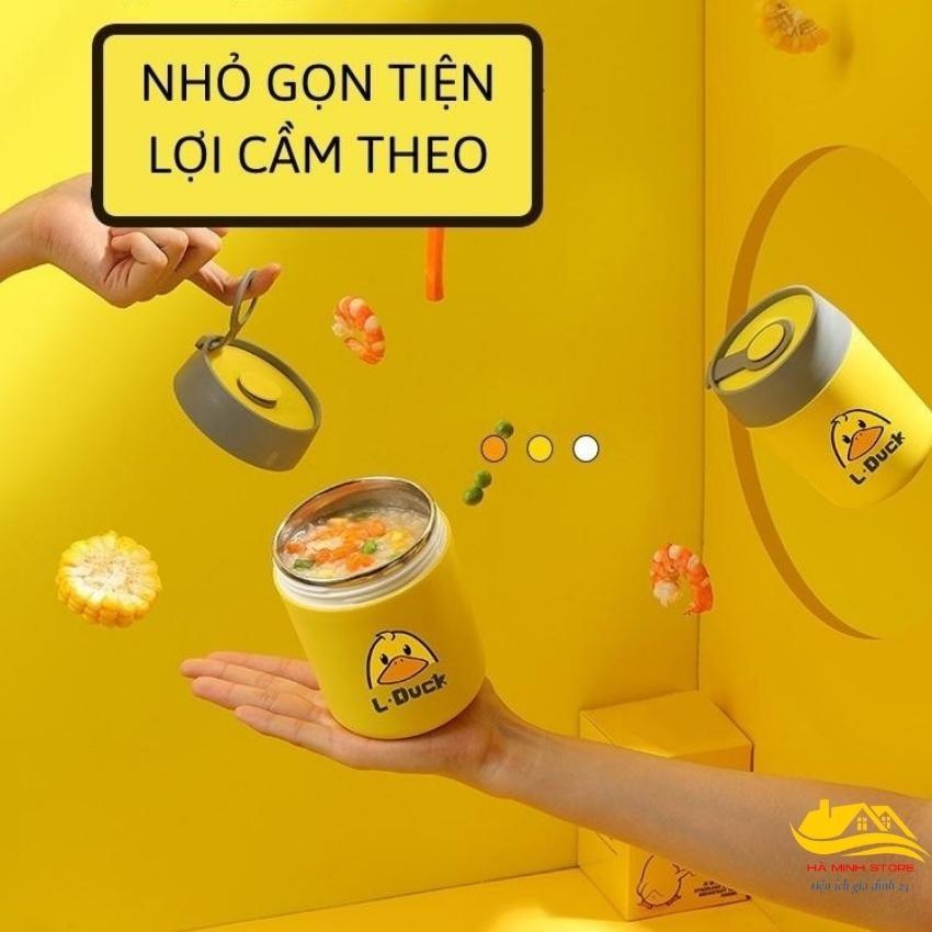Bình Ủ Cháo Giữ Nhiệt LDuck 2 Lớp Ruột Inox, Hũ Ủ Cháo Vịt Vàng Kèm Muỗng Có Quai Xách Ca Ủ Cháo Con Vịt