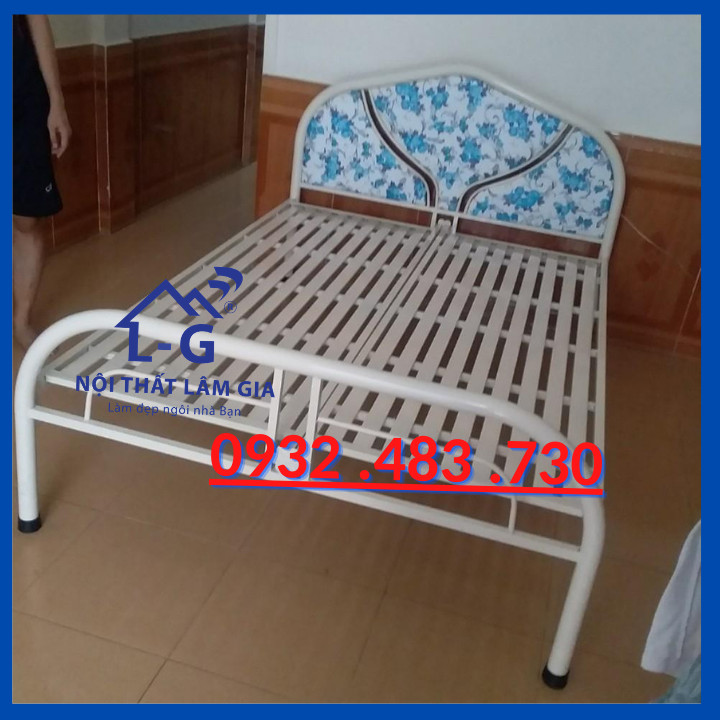 Giường sắt đôi ngang 1m4x2m màu kem sơn tĩnh điện