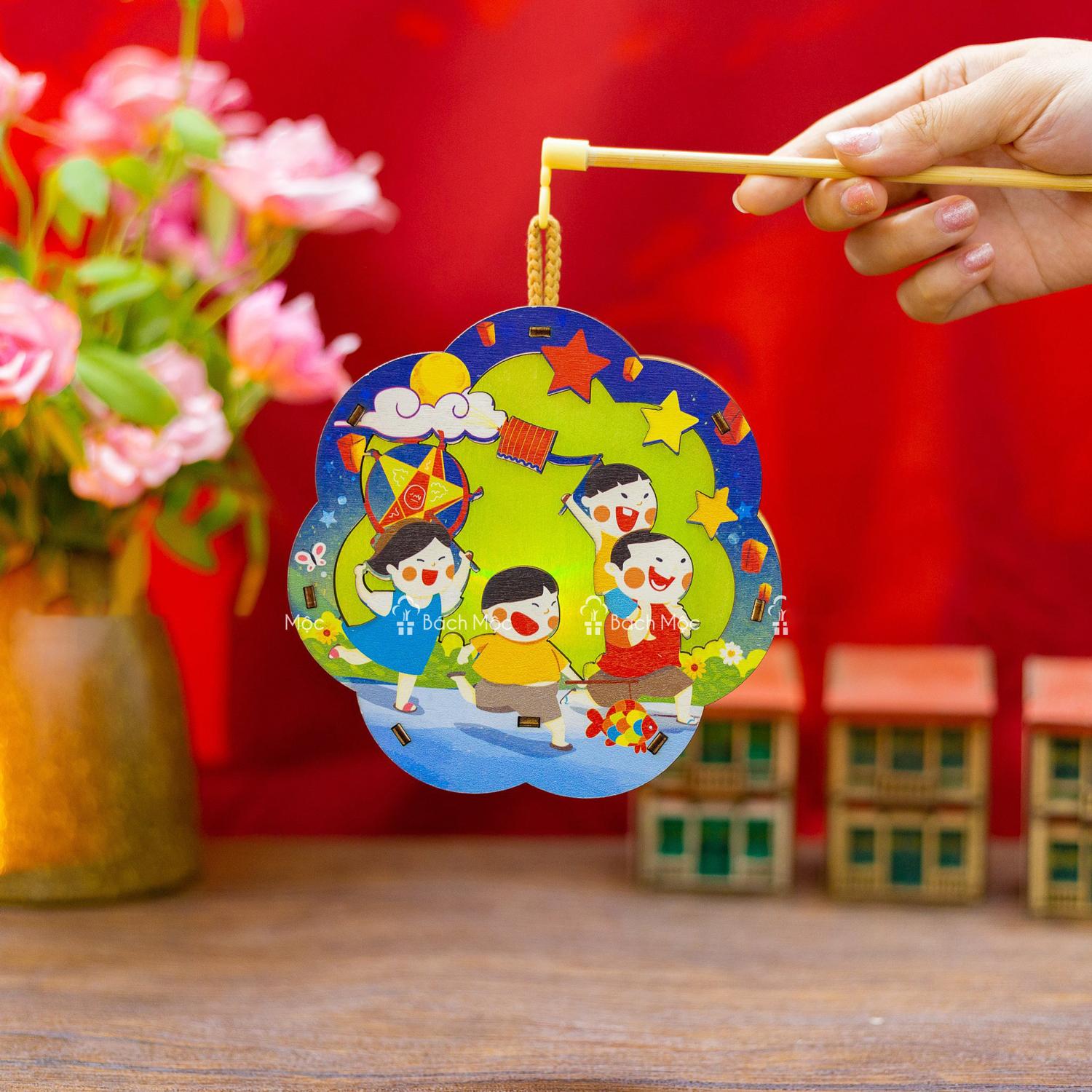 Lồng Đèn Trung Thu Gỗ 2 Mặt Màu - Bách Mộc - Rước Đèn Hoa