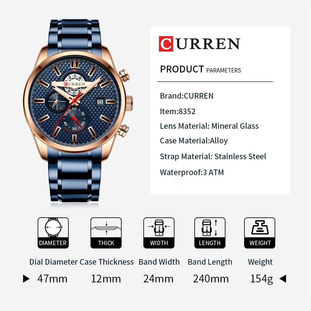 Đồng hồ Curren Men Vỏ hợp kim cổ điển tinh tế Dây đeo bằng thép không gỉ không thấm nước