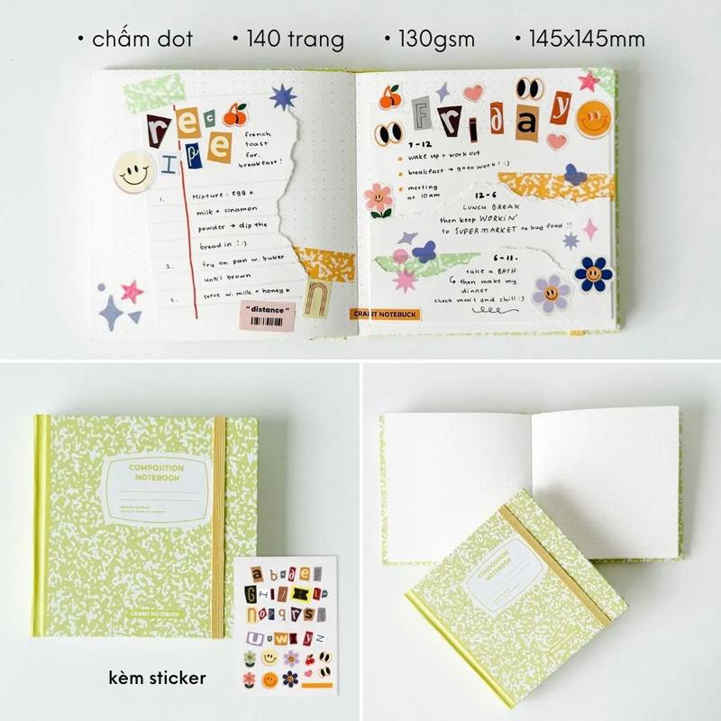 Sổ Dot Khổ Vuông 140 Trang 130gsm + Kèm Sticker Composition Collection - Crabit Notebuck 1594 - Vàng Chanh Lime