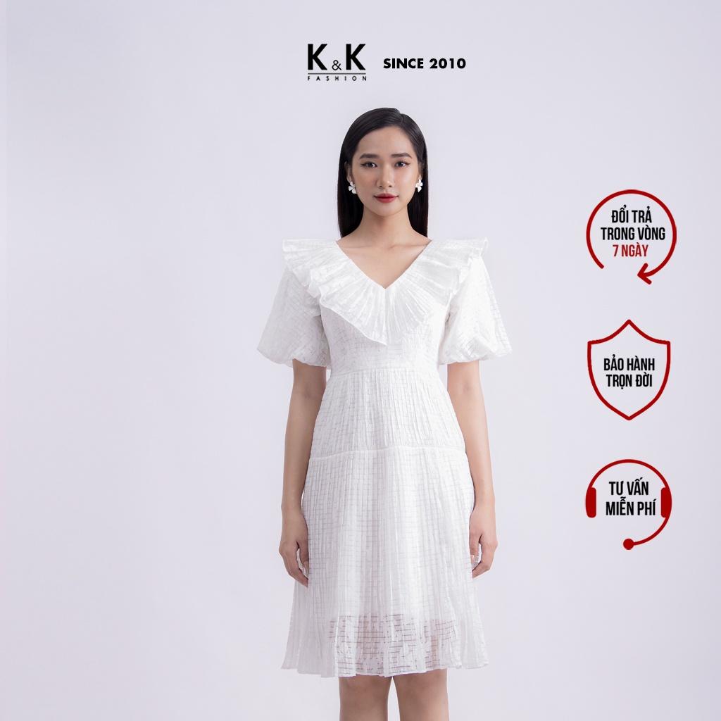 Đầm Trắng Dáng Xòe Cổ Viền Bèo Tay Phồng K&amp;K Fashion KK120-36 Chất Liệu Tơ Bông Ép