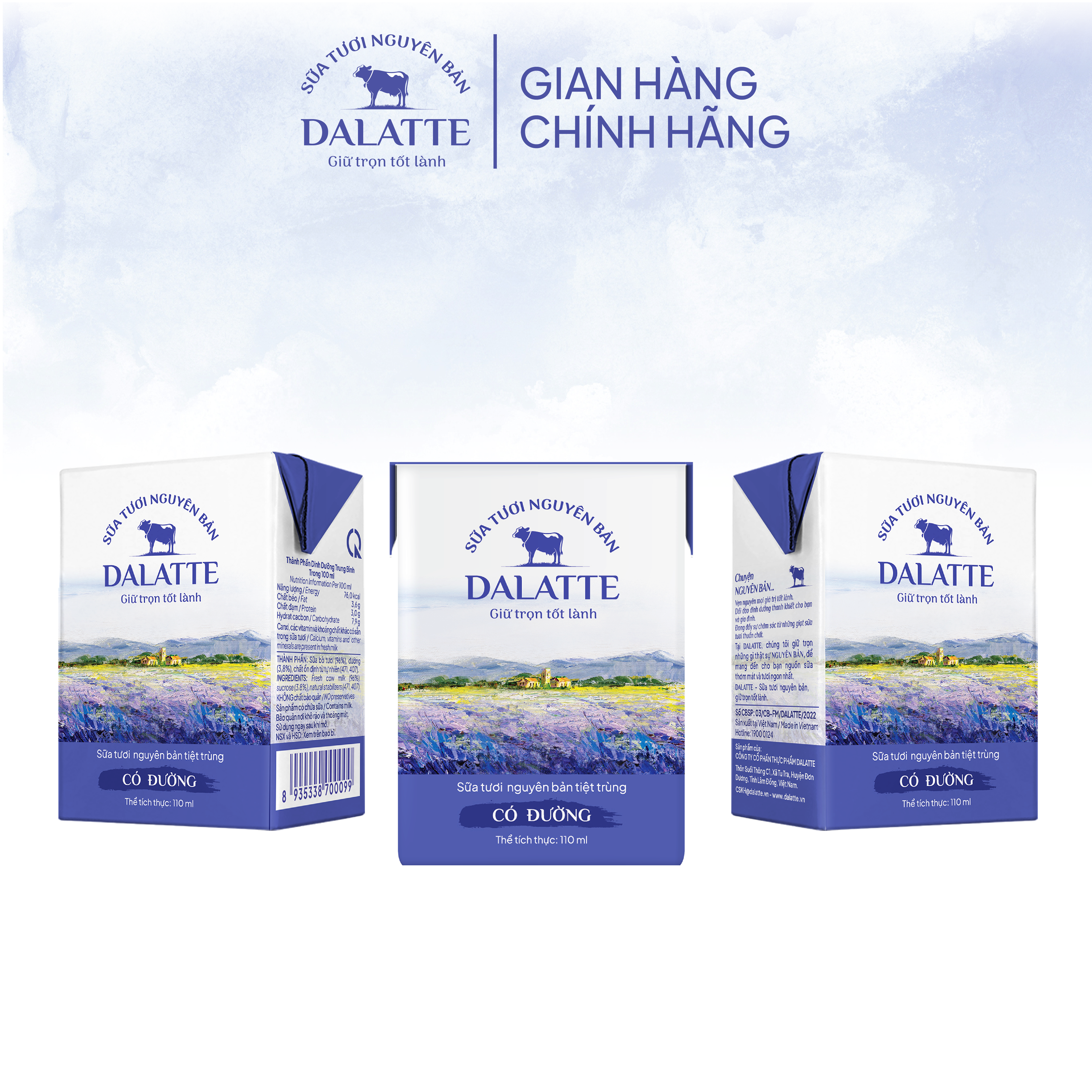 Thùng 48 hộp DALATTE 110ml SỮA TƯƠI NGUYÊN BẢN tiệt trùng - Có đường - 48 hộp - Giữ trọn nguyên bản, trao trọn tốt lành