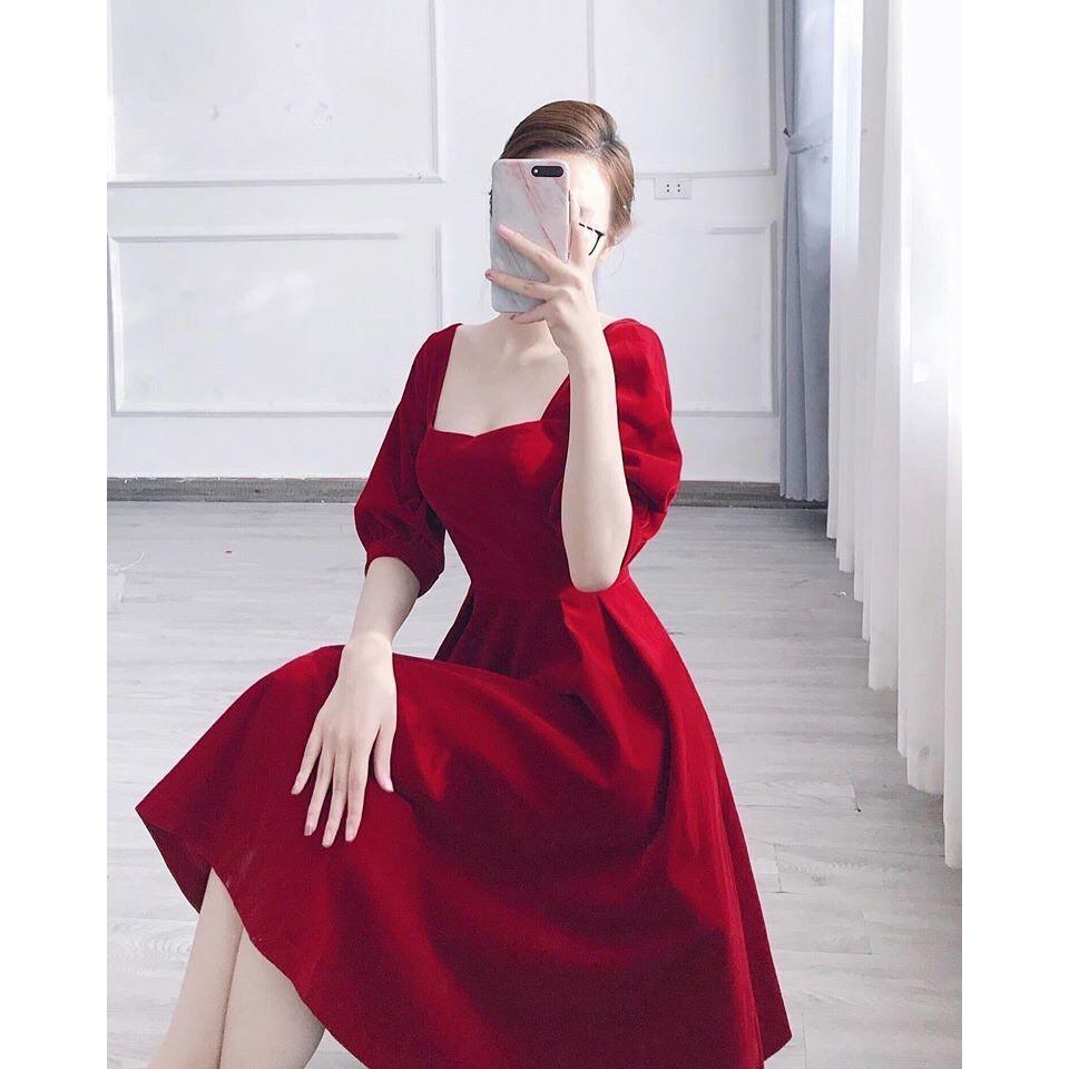 Váy Đầm Xòe Cổ Vuông Tay Phồng Ôm Eo Chất Liệu Vải Umi Thời Trang Nữ Mẫu Free Size Dưới 56kg