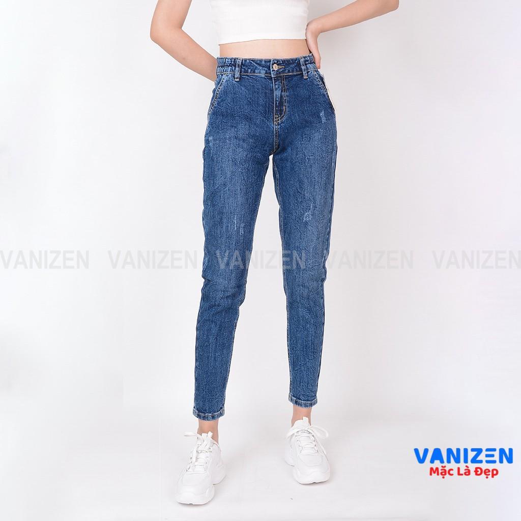 Quần jean nữ ống rộng baggy đẹp lưng cao cạp bán chun xanh đá xước nhẹ hàng hiệu cao cấp mã 429 VANIZEN