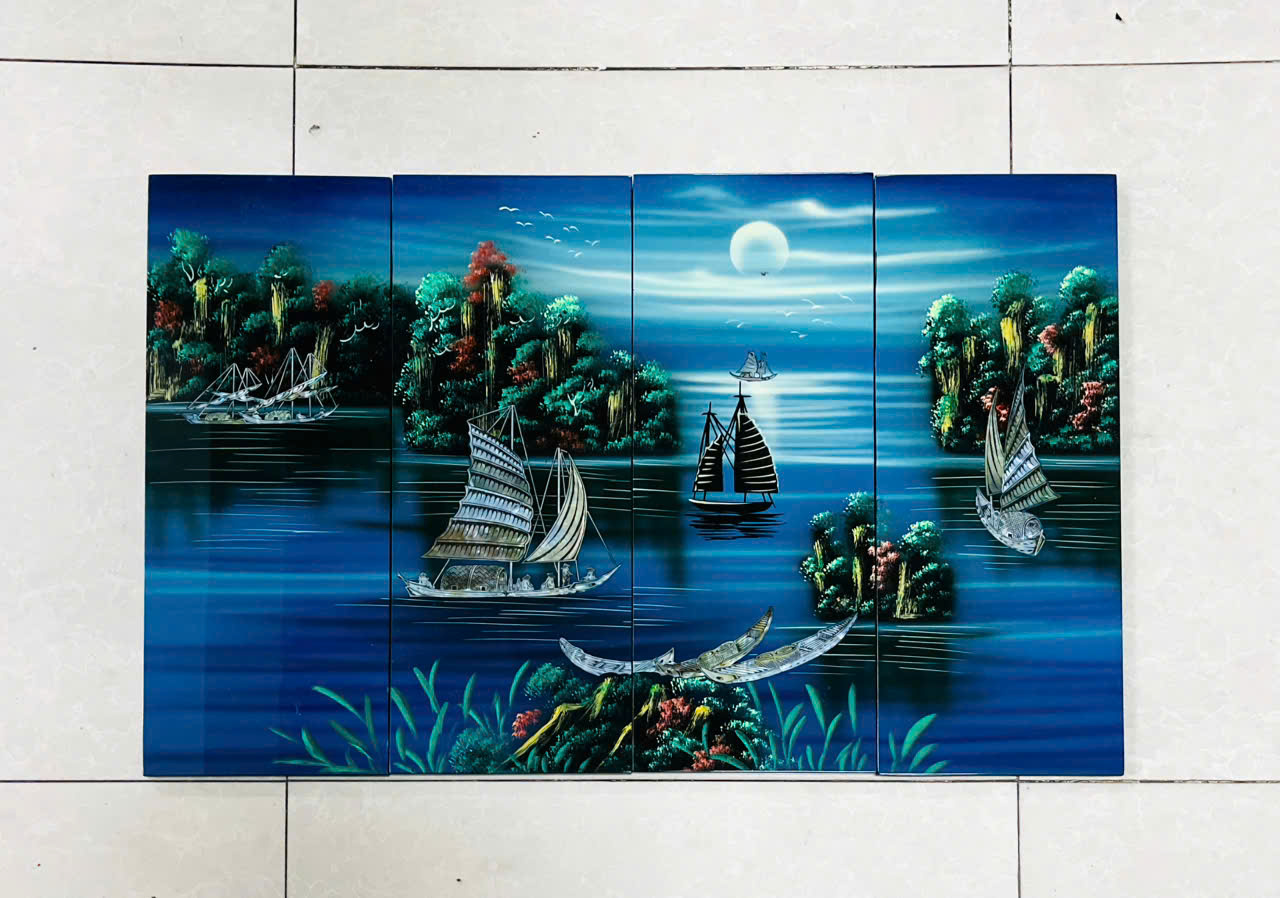 Bộ Tranh sơn mài 4 tấm- THUẬN BUỒM XUÔI GIÓ - Khảm cừ cao cấp size 50x80 cm - Ý Nghĩa Phong Thủy