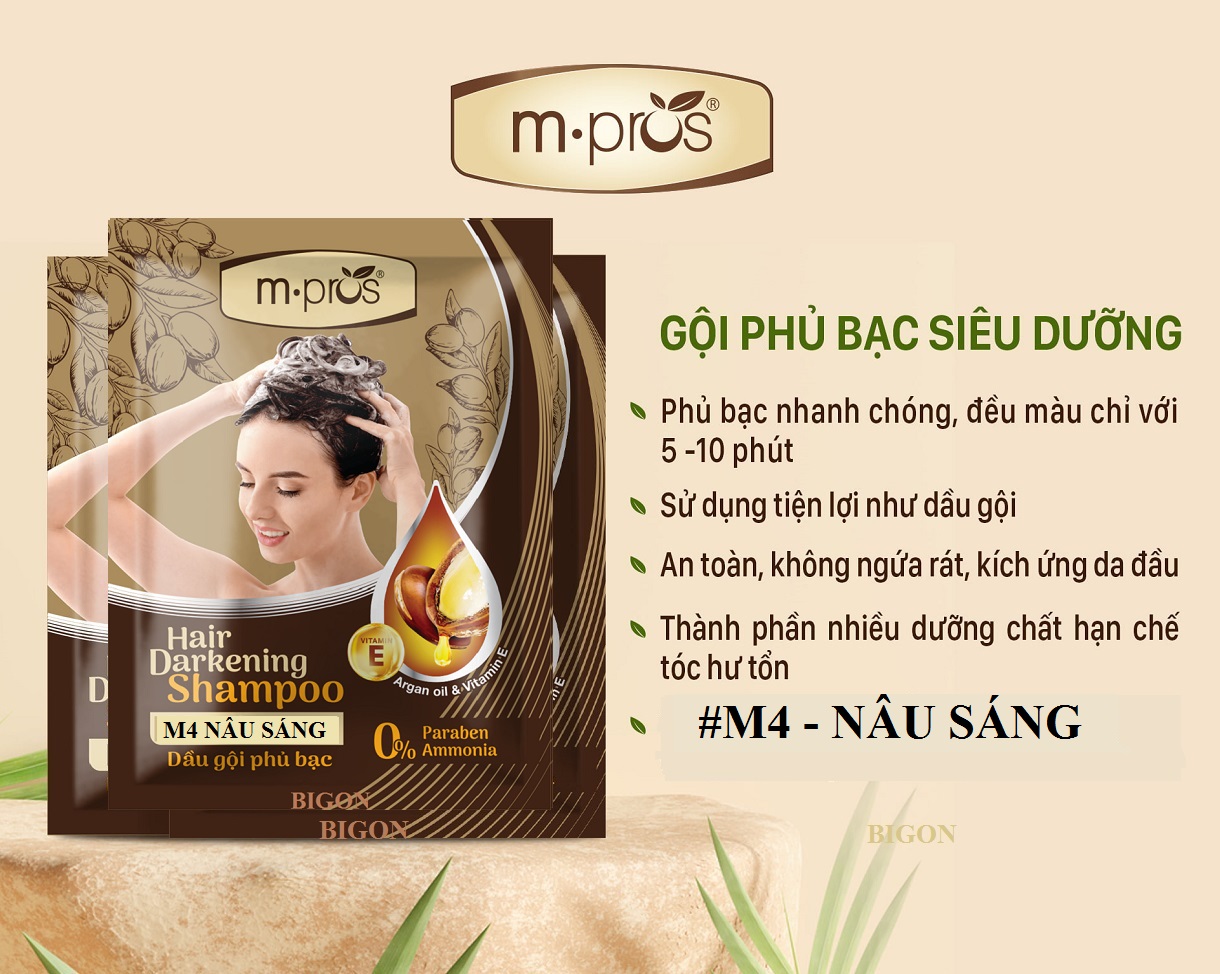 [Nâu Sáng] Dầu Gội Nhuộm Tóc Nâu Sáng Phủ Bạc 100% Thảo Dược Siêu Dưỡng M.PROS 25ml - M4