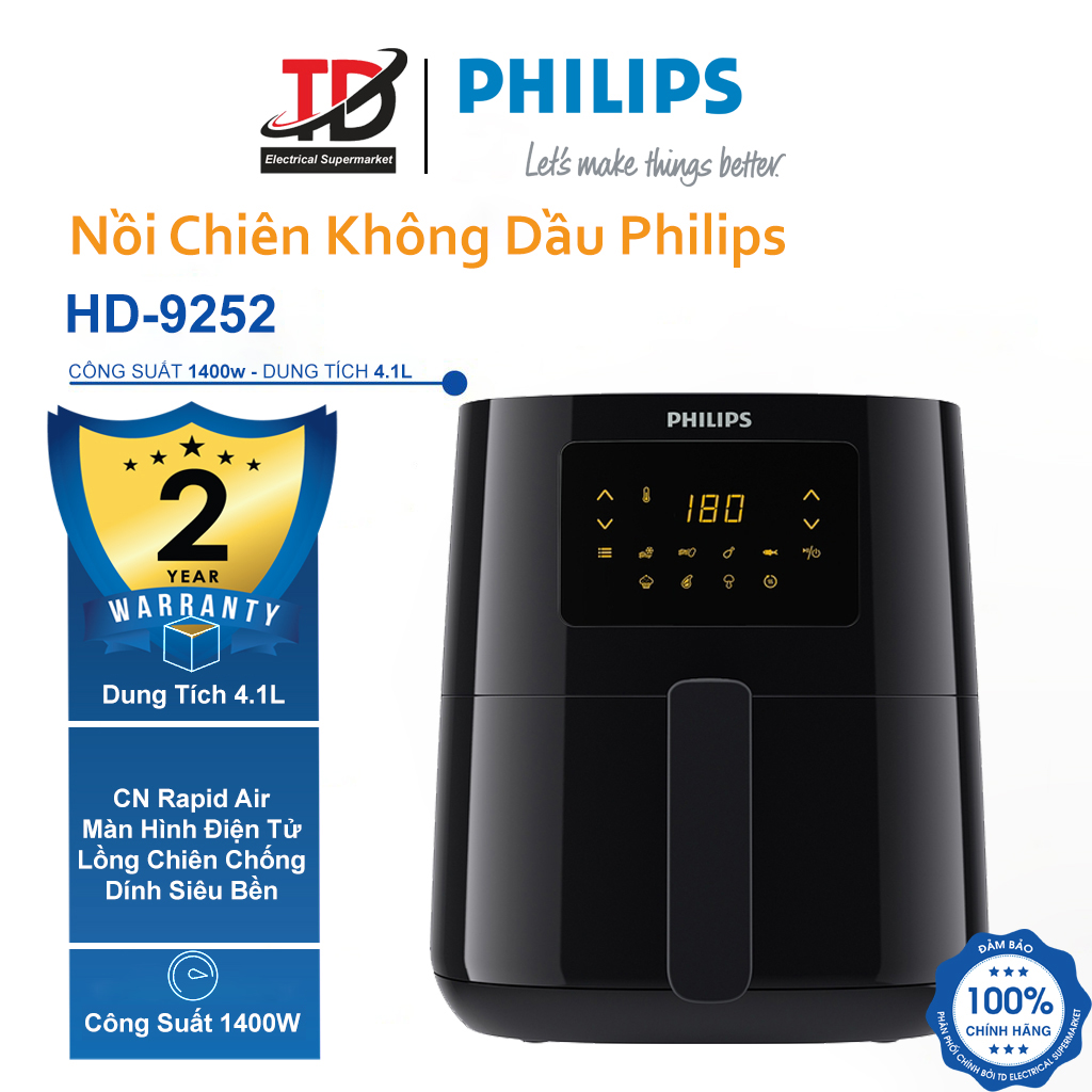 Nồi Chiên Không Dầu Philips HD9252 - 4.1Lit/1400W - Hàng Chính Hãng