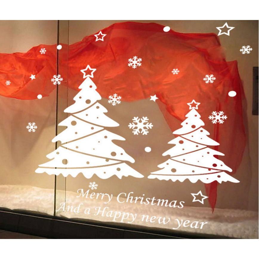 Decal trang trí noel 2 mặt hít tĩnh điện không dơ kính Mẫu hai cây thông trắng