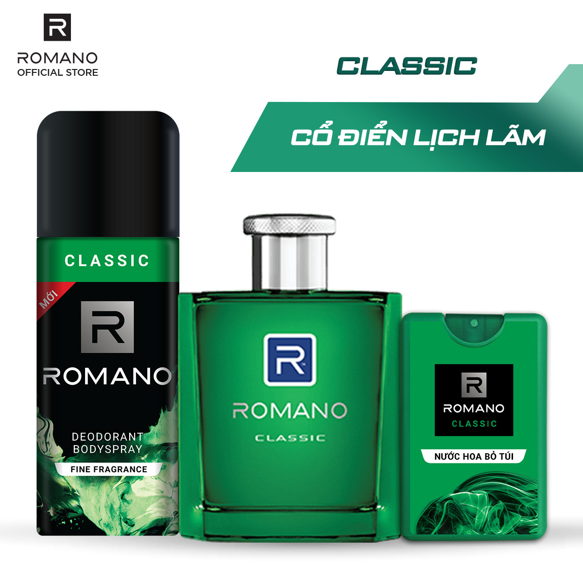 Nghi thức mùi hương Romano Classic: Nước hoa Romano Classic 50ml + Nước hoa bỏ túi 18ml + Xịt toàn thân 150ml