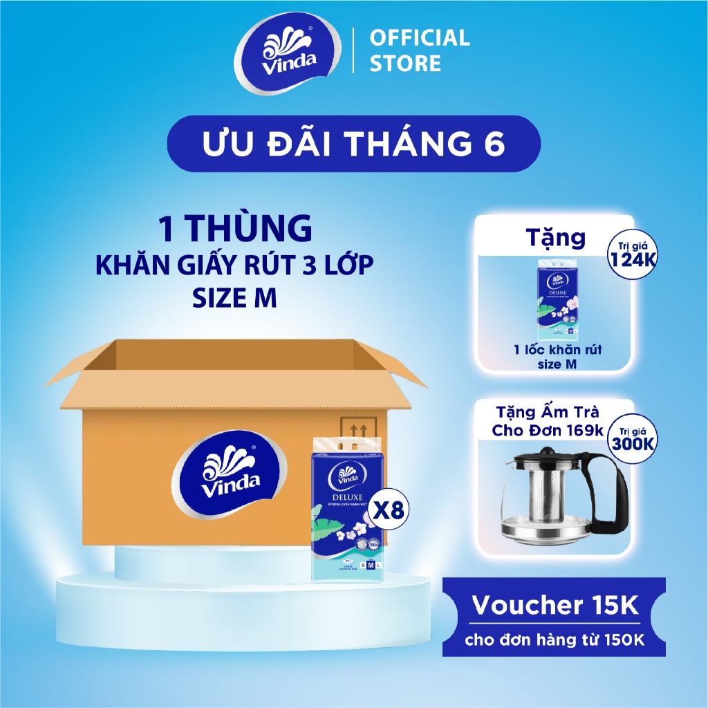 [MUA 1 THÙNG KHĂN RÚT SIZE M TẶNG 1 LỐC SIZE M] Khăn giấy rút cao cấp Vinda Deluxe 3 lớp 90 tờ size M (5 Gói)