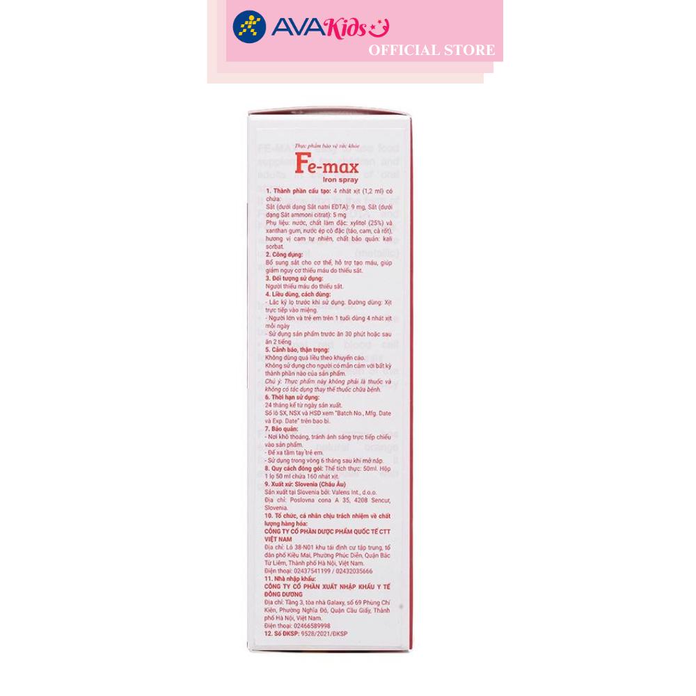 Lọ xịt Valens Fe-max bổ sung sắt, hỗ trợ tạo máu 50 ml (từ 1 tuổi)