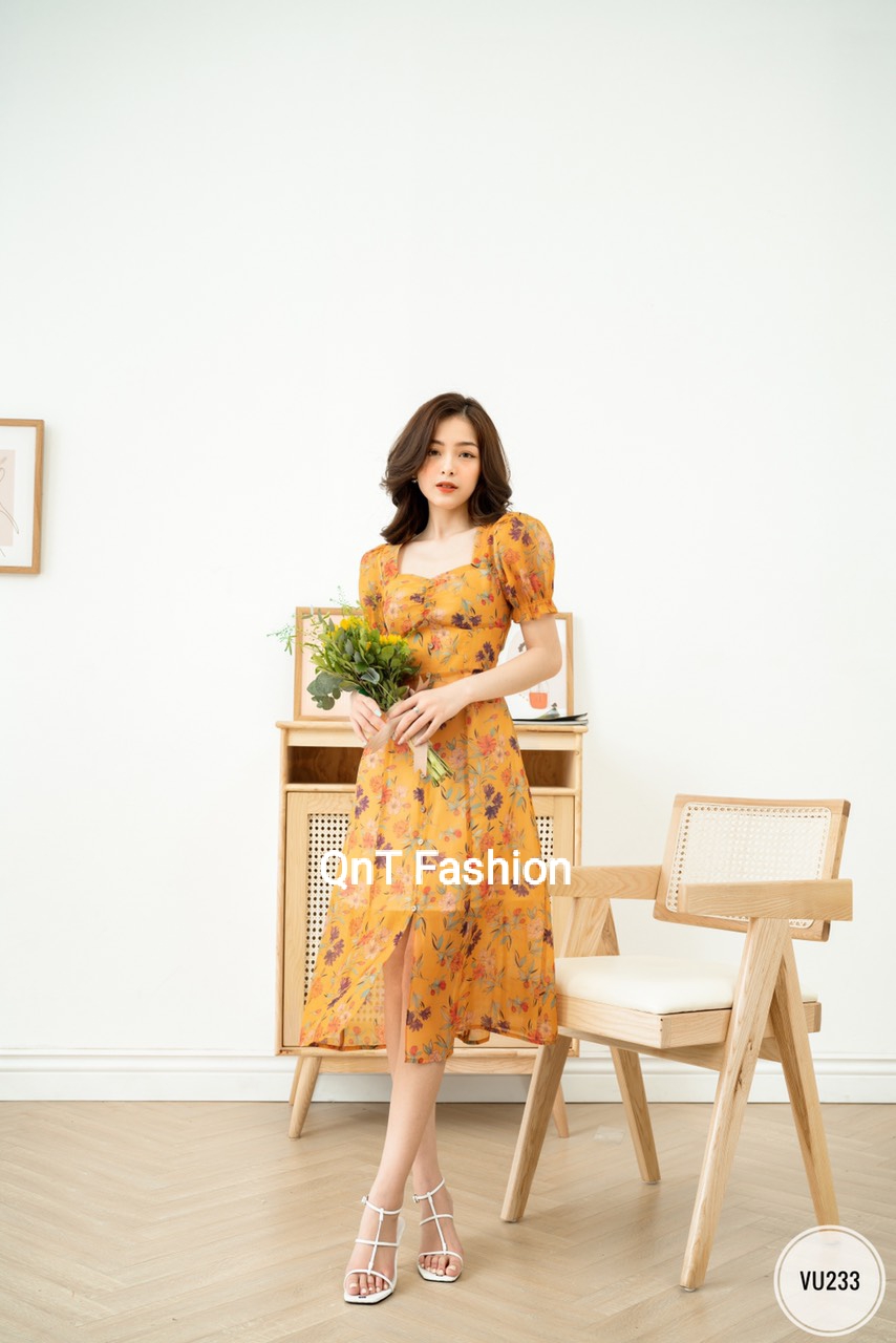 Đầm công sở thiết kế-Đầm voan hoa nhún ngực xẻ tà cổ vuông đi làm hay dạo phố