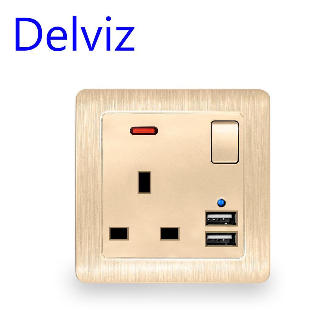 Tiêu chuẩn Anh 13A USB Ổ đĩa chuyển đổi công tắc công tắc ánh sáng Điện thoại di động Sạc điện thoại Gold Square Double USB Power Outlet