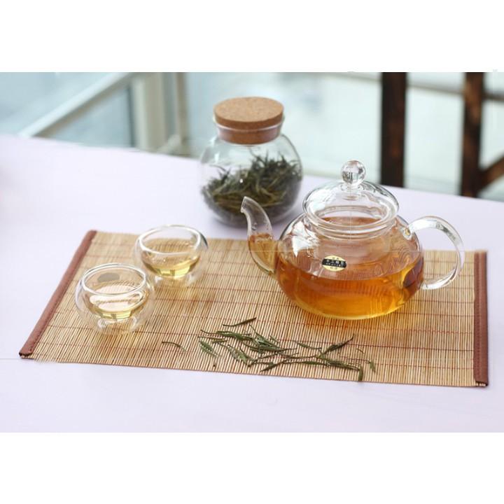 Bộ Ấm Trà thủy tinh 6 Tách Trà Thuỷ Tinh 2 lớp Cao Cấp ấm 600ml chịu nhiệt kèm đế nến tặng nến - Hàng chính hãng