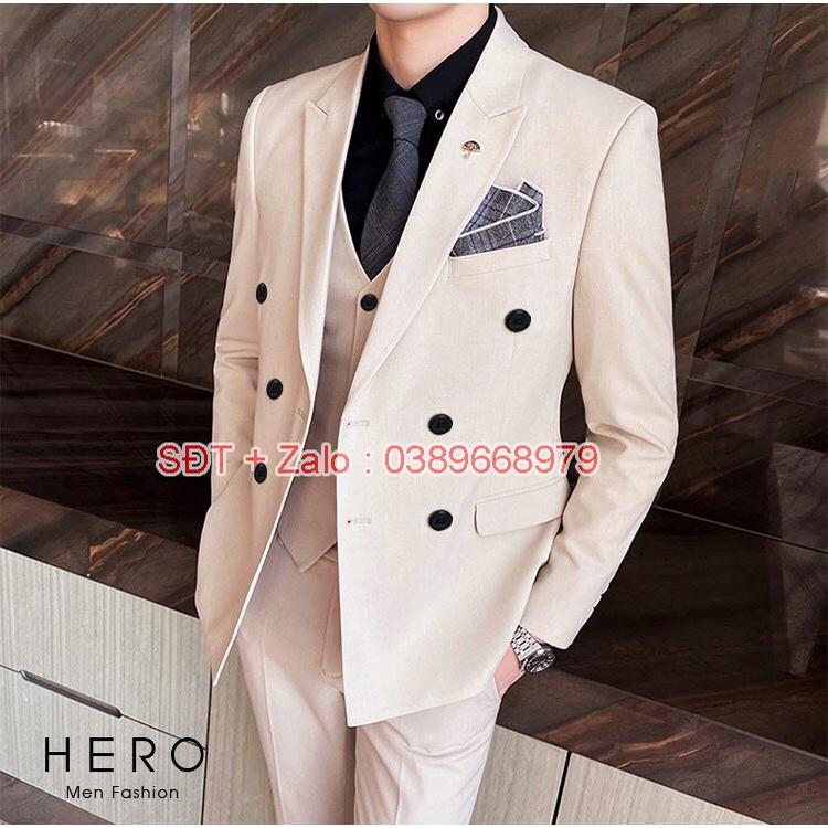 Bộ Vest Nam Hàn Quốc 6 Cúc Màu kem, Bộ Suit Nam 6 Khuy Màu Be