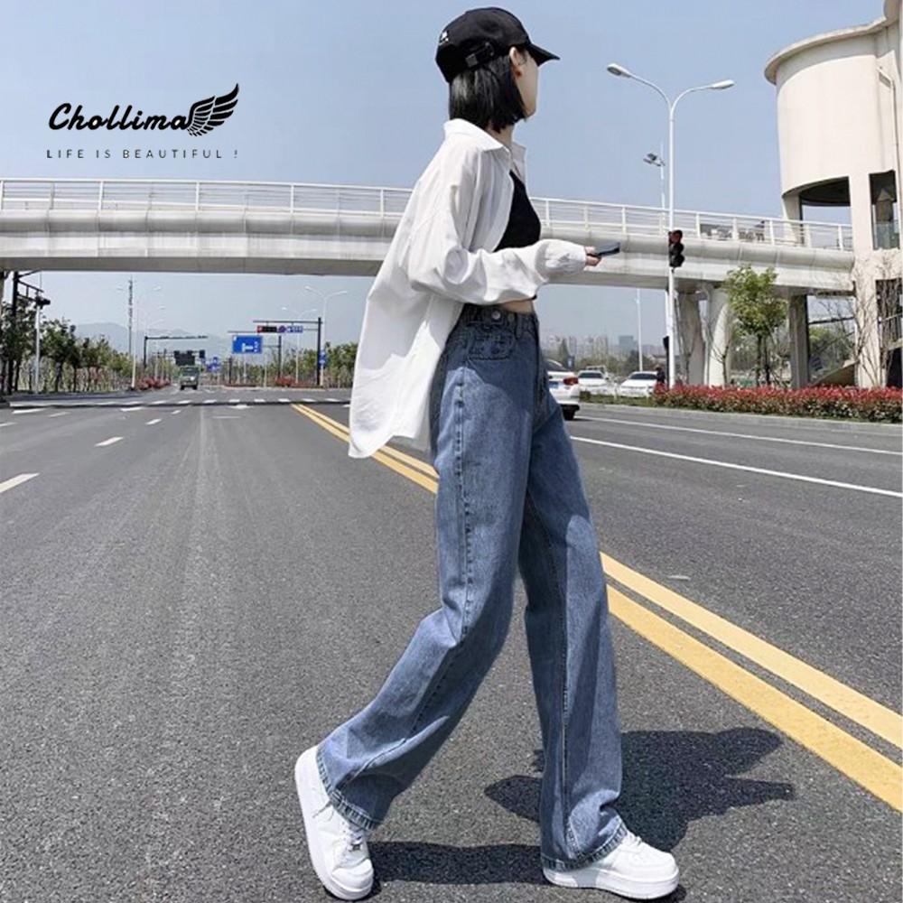 Quần baggy jeans nữ Chollima ống rộng SIMPLE JEAN dài 98cm gài cúc eo màu xanh nhạt QD041