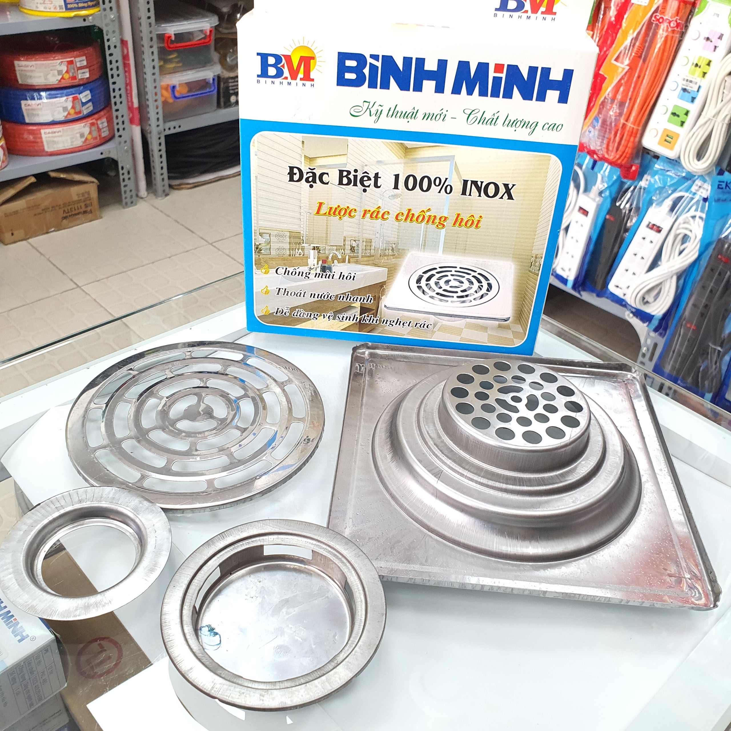 Hộp ga thoát nước, thoát sàn chống hôi cm phi 60, phi 90 Inox Bình Minh