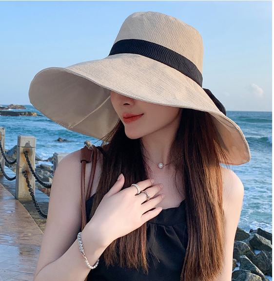 Mũ rộng vành chống nắng nữ gắn nơ bản to phong cách Hàn, nón nữ vải 2 lớp phủ chống tia UV cao cấp