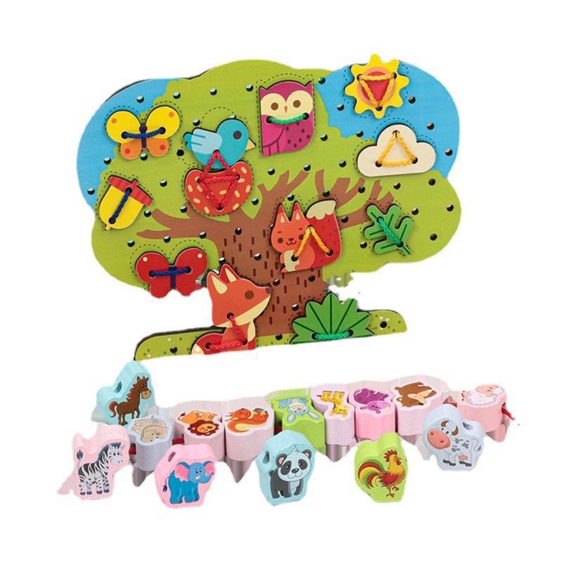 Đồ chơi Montessori Puzzle hạt gỗ luồn cây-dụng cụ dạy học toán tương tác trẻ em