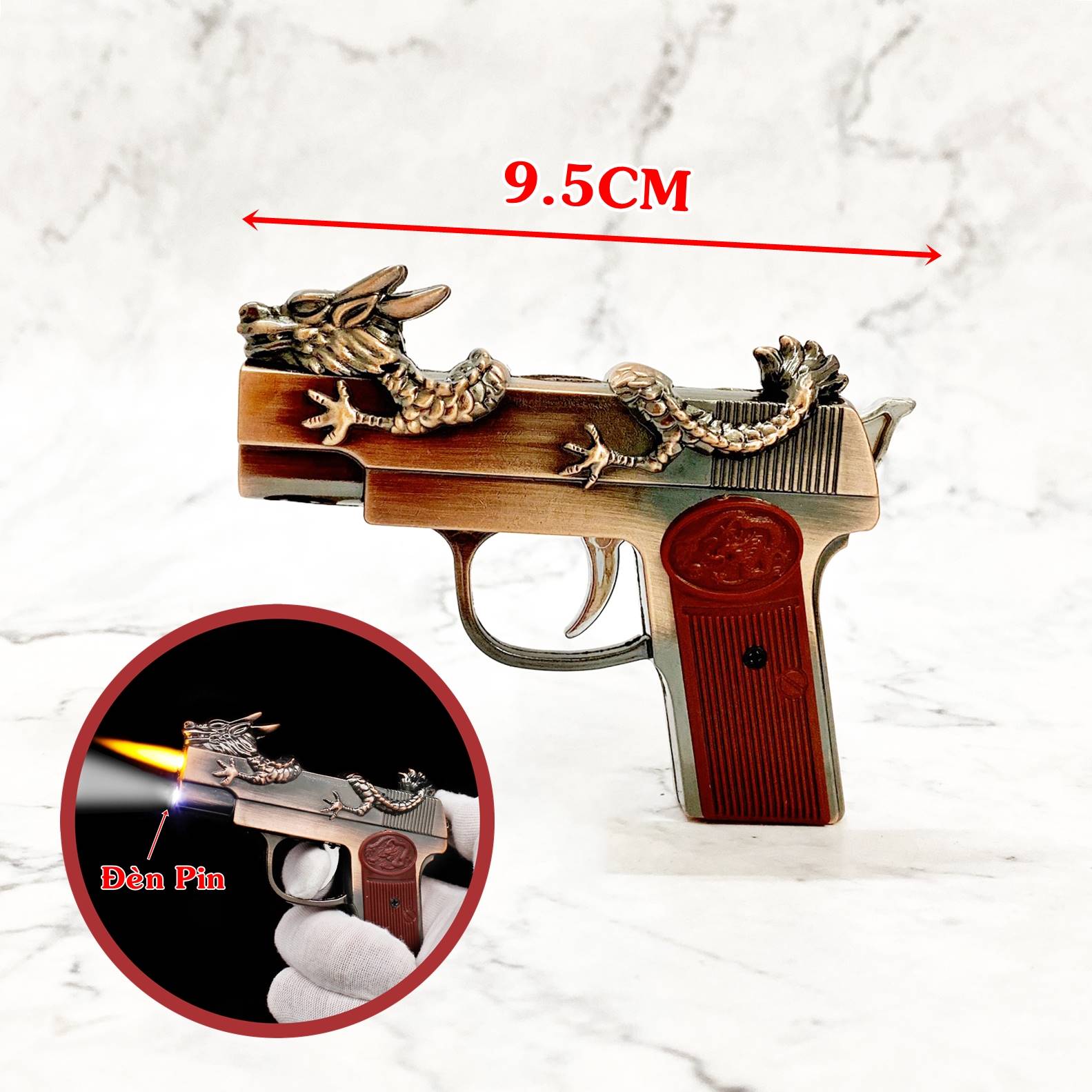 Hột quẹt bật lửa khè hình xúng rồng cuộn có đèn pin size 9.5cm - xài gas